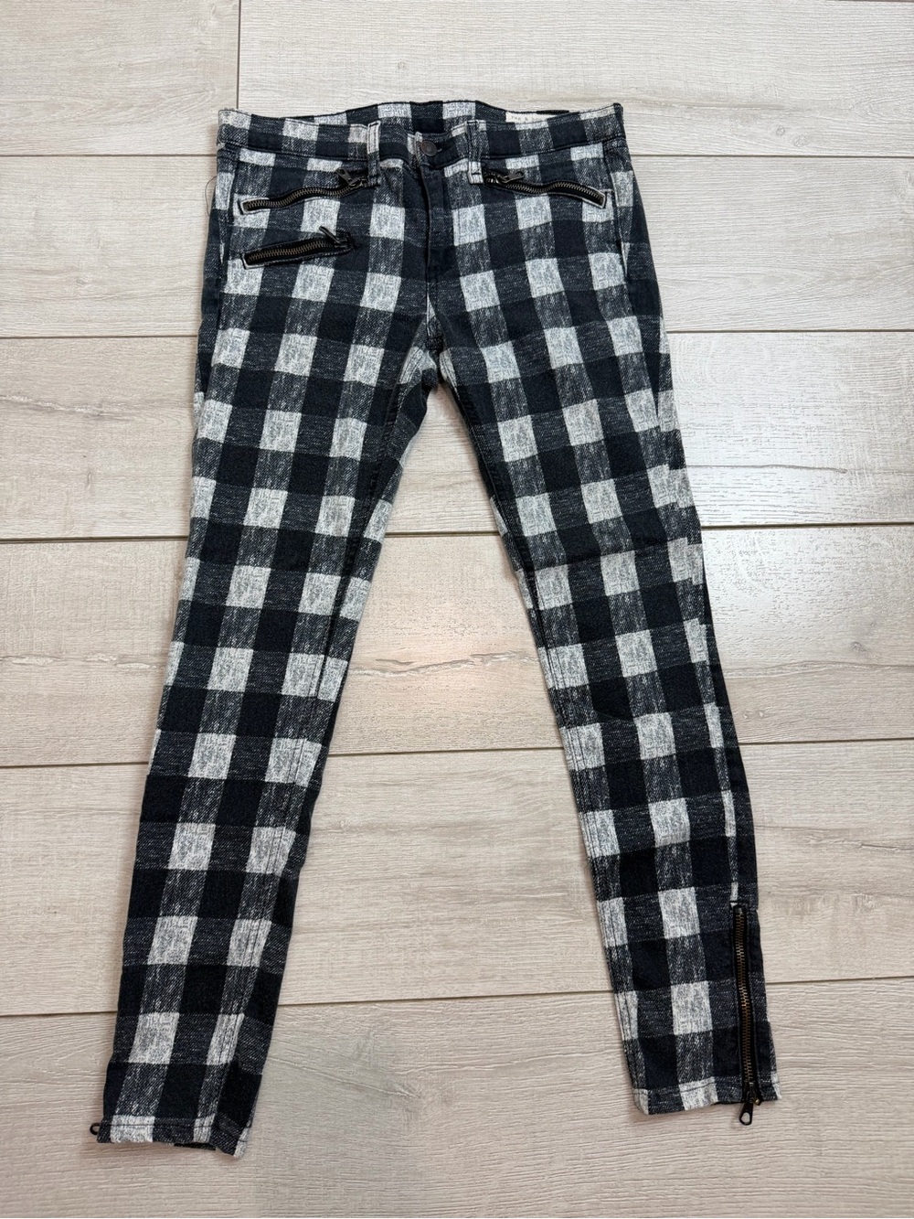 Rag & Bone Size 29 Buffalo Plaid Skinny Jeans Black White Zip Ankle Moto Pants